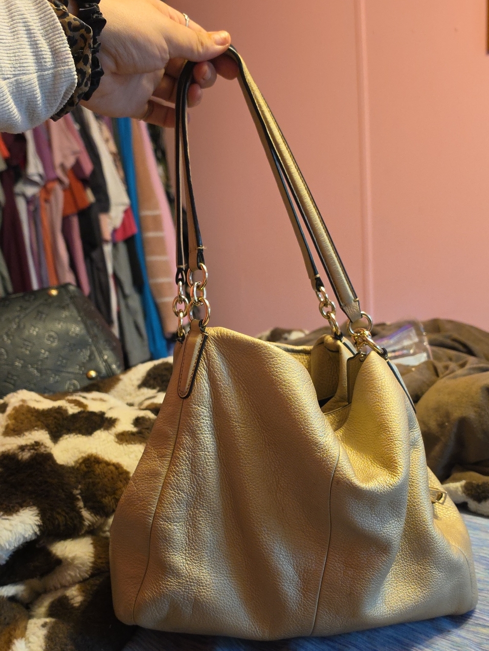 Coach Metallic Gold Edie Shoulder Bag Set w/ Matching Leather Zip Pouch